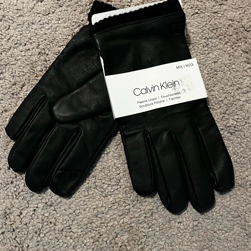 Calvin Klein black Leather Gloves touchscreen new Mens Size Medium / Large